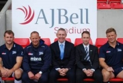 AJ Bell&#039;s Billy Mackay pictured with Sale Shark&#039;s head of commercial sales Andy Lamb, director of Rugby Steve Diamond and players Mark Cueto (left) and captain Dan Braid